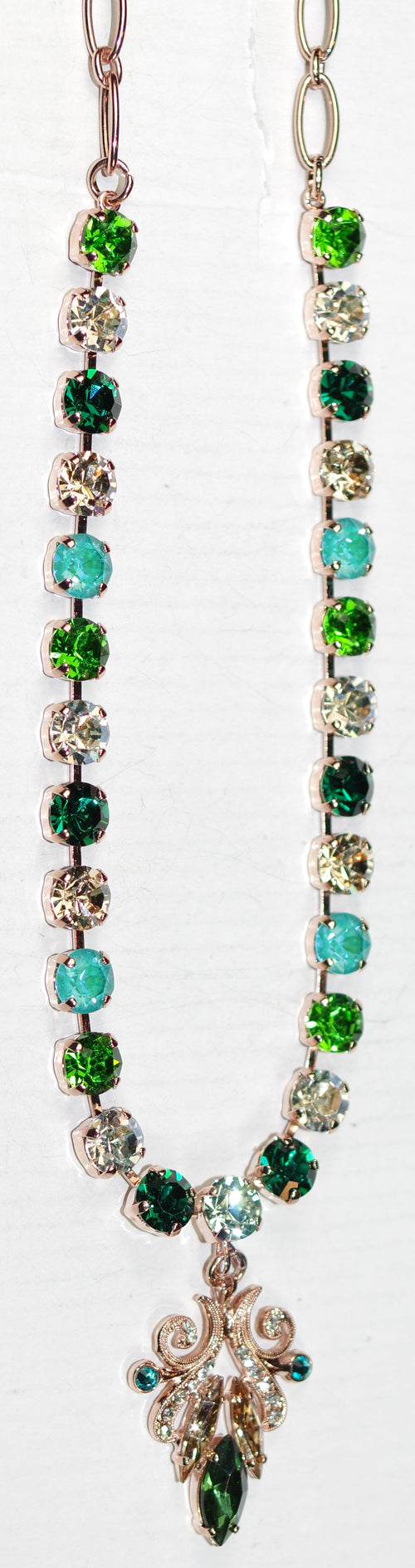 MARIANA NECKLACE CIRCLE OF LIFE: green, amber, clear, teal stones in rose gold setting, 1.5" pendant, 22" adjustable chain