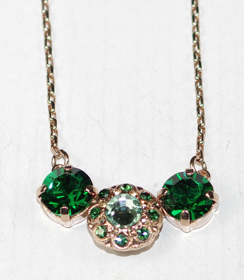 MARIANA NECKLACE CIRCLE OF LIFE: green, clear stones in rose gold setting, 18" adjustable chain