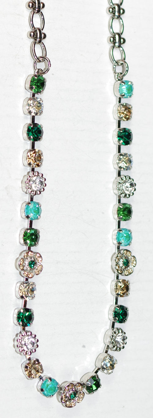 MARIANA NECKLACE CIRCLE OF LIFE: green, amber, clear 1/4" stones in silver rhodium setting, 19" adjustable chain