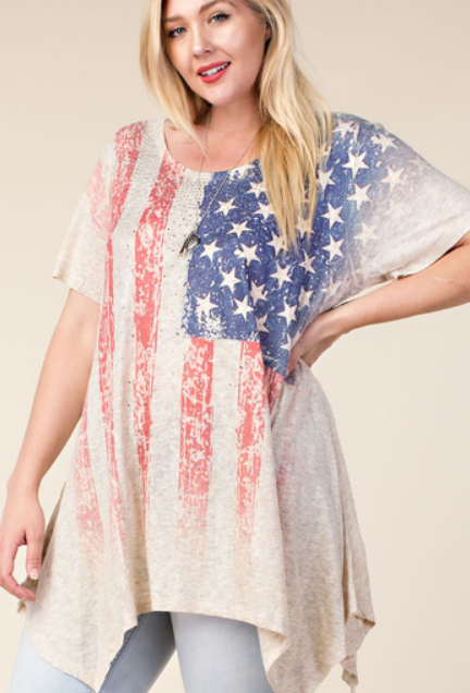 FLAG SHIRT WITH SLEEVES, SILVER EMBELLISHMENTS, PLUS SIZE