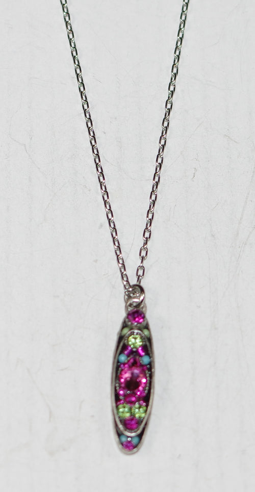 FIREFLY NECKLACE SPARKLE LONG OVAL PENDANT ROSE: multi color stones in 1" pendant, silver 18" adjustable chain