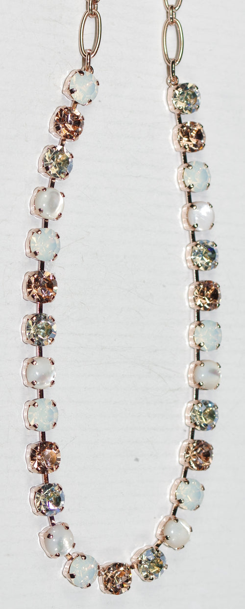 MARIANA NECKLACE DANCING IN THE MOONLIGHT: amber, white, opal, clear stones in rose gold setting, 17" adjustable chain