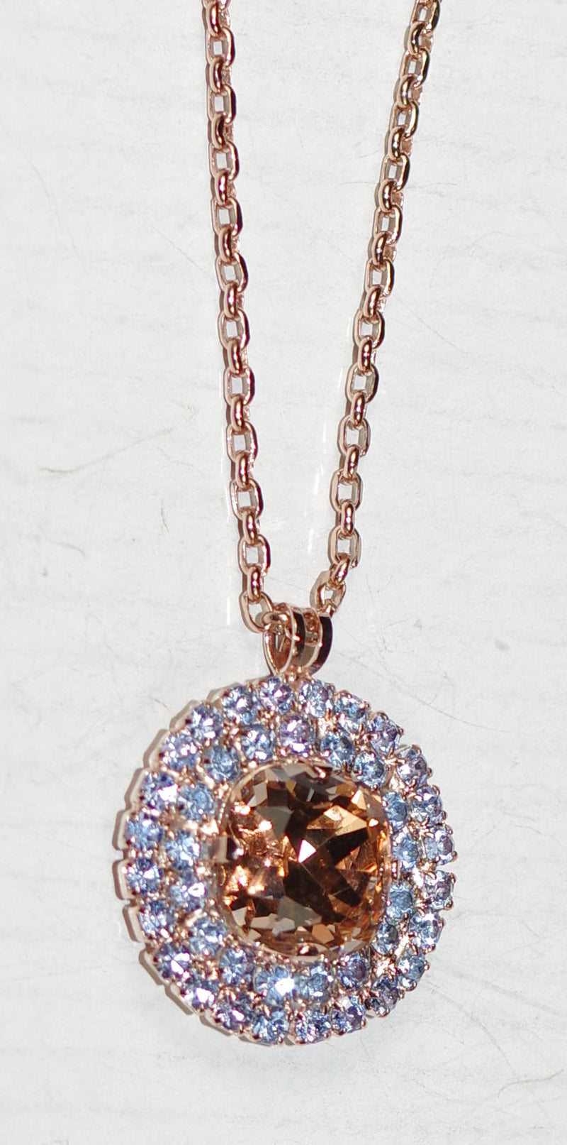 MARIANA PENDANT DANCING IN THE MOONLIGHT: amber, blue stones in 3" rose gold setting, 18" adjustable chain