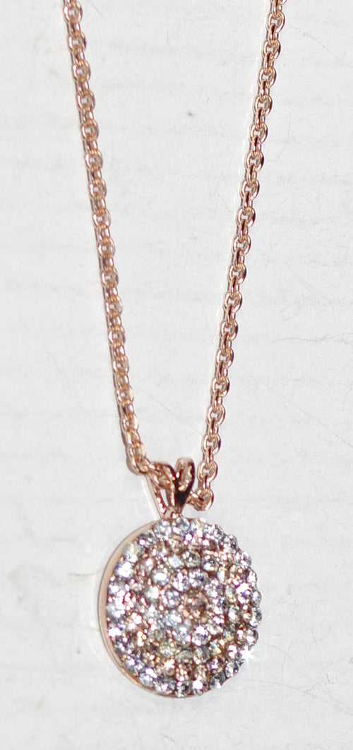 MARIANA NECKLACE DANCING IN THE MOONLIGHT: amber, blue, clear stones in 3/4" rose gold setting, 18" adjustable chain