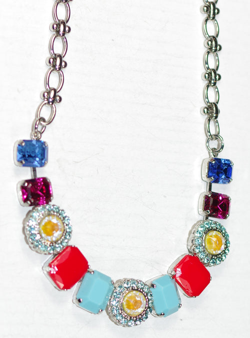 MARIANA NECKLACE PRETTY WOMAN: blue, red, yellow, fuchsia stones in silver rhodium setting, 21" adjustable chain