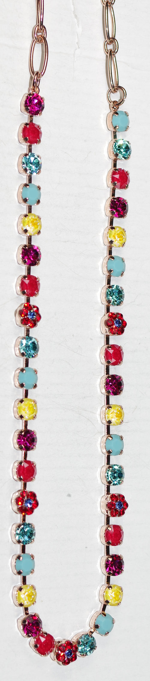 MARIANA NECKLACE PRETTY WOMAN: pink, red, blue, yellow 1/4" stones in rose gold setting, 18" adjustable chain