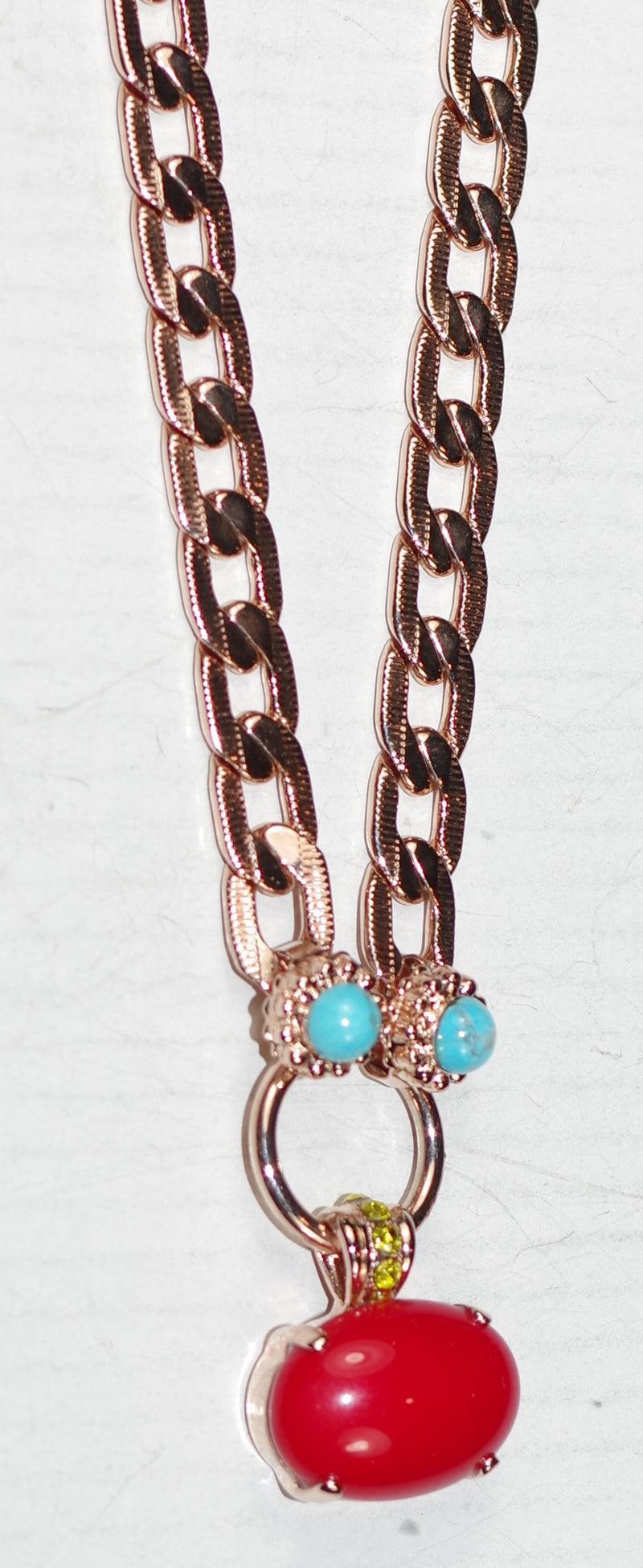 MARIANA NECKLACE PRETTY WOMAN: red, yellow, blue stones in 1.5" rose gold setting, 17" adjustable chain