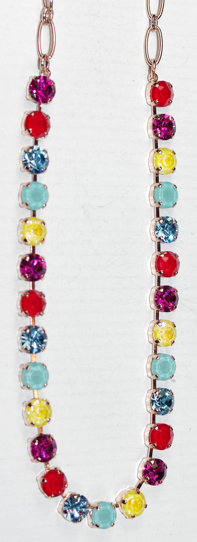 MARIANA NECKLACE BETTE PRETTY WOMAN: blue, red, yellow, fuchsia 1/4" stones in rose gold setting, 17" adjustable chain