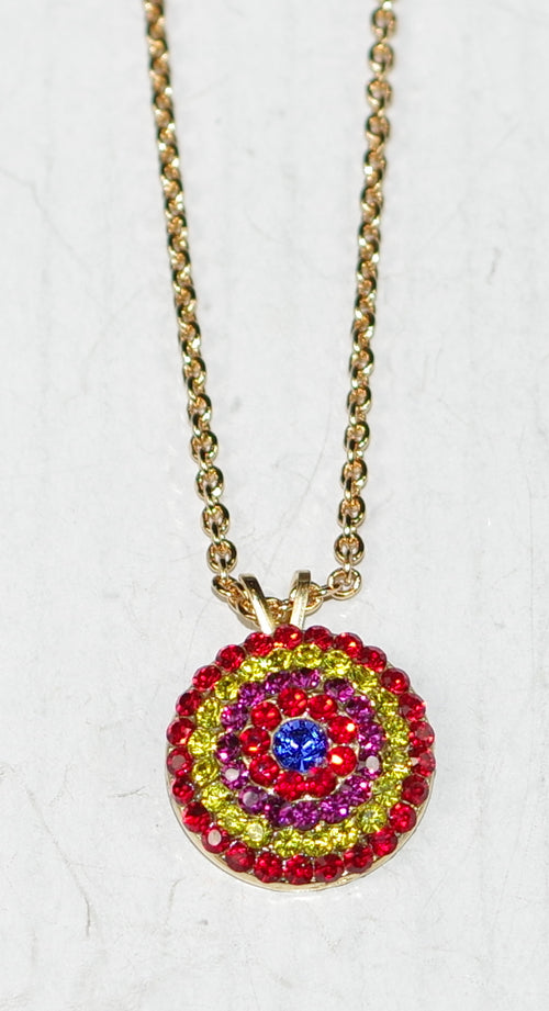 MARIANA NECKLACE PRETTY WOMAN: blue, pink, yellow, red stones in 3/4" yellow gold setting, 18" adjustable chain