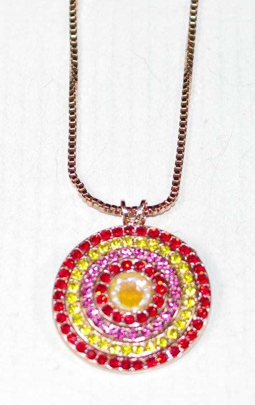 MARIANA PENDANT PRETTY WOMAN: red, yellow, pink stones in 1.25" rose gold setting, 26" adjustable chain