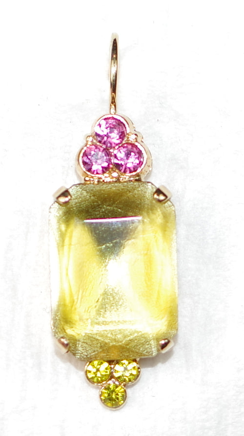 MARIANA EARRINGS PRETTY WOMAN: yellow, pink, green stones in 1.5" yellow gold setting, lever back