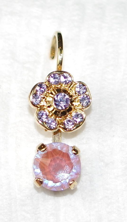 MARIANA EARRINGS: pink sun kissed, lavender stones in 3/4" yellow gold setting, lever backs