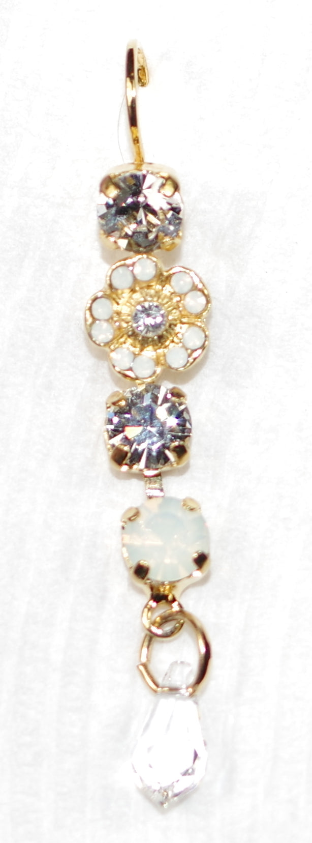 MARIANA EARRINGS: white opal, clear stones in 2" yellow gold setting, lever back