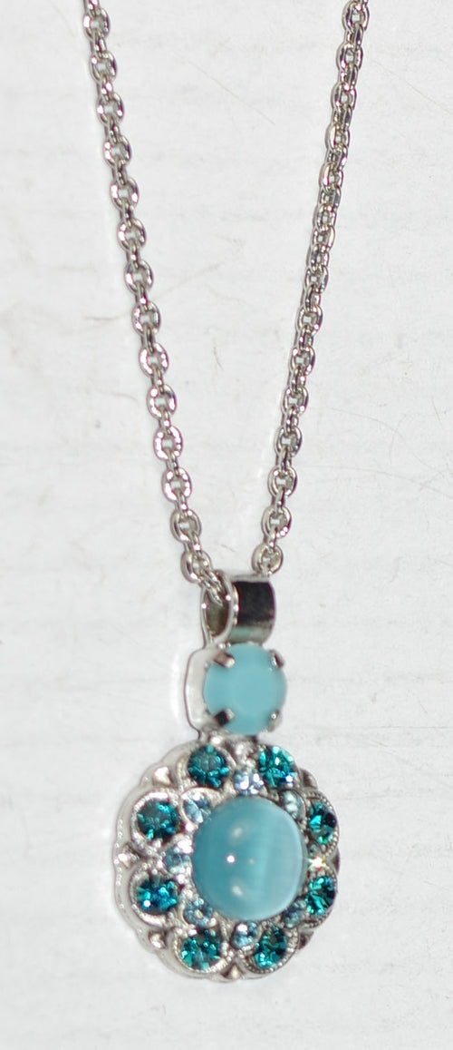 MARIANA PENDANT ADDICTED TO LOVE: teal, blue stones in 1/2" silver rhodium setting, 17" adjustable chain