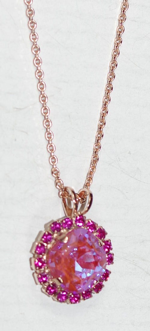 MARIANA PENDANT ROXANNE: fuchsia, pink sun kissed stones in 1" rose gold setting, 18" adjustable chain