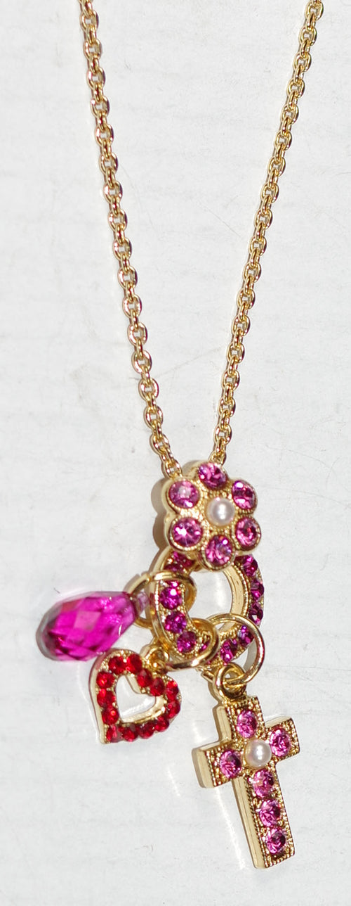 MARIANA CROSS PENDANT ROXANNE: red, pink, pearl stones in 1.5" charm,  yellow gold setting, 18" adjustable chain