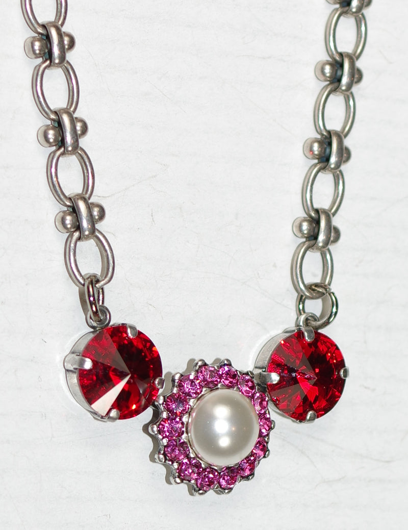 MARIANA PENDANT ROXANNE: red, pink, pearl stones in 1.75" silver setting, 18" adjustable chain