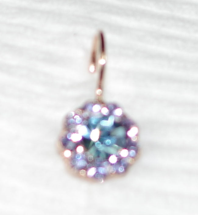 MARIANA EARRINGS ELECTRIC BLUE: blue, lavender stones in 3/8" rose gold setting, lever back