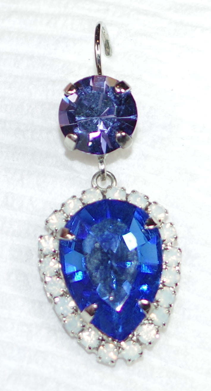 MARIANA EARRINGS ELECTRIC BLUE: blue, white, purple stones in 1.5" silver rhodium setting, lever backs