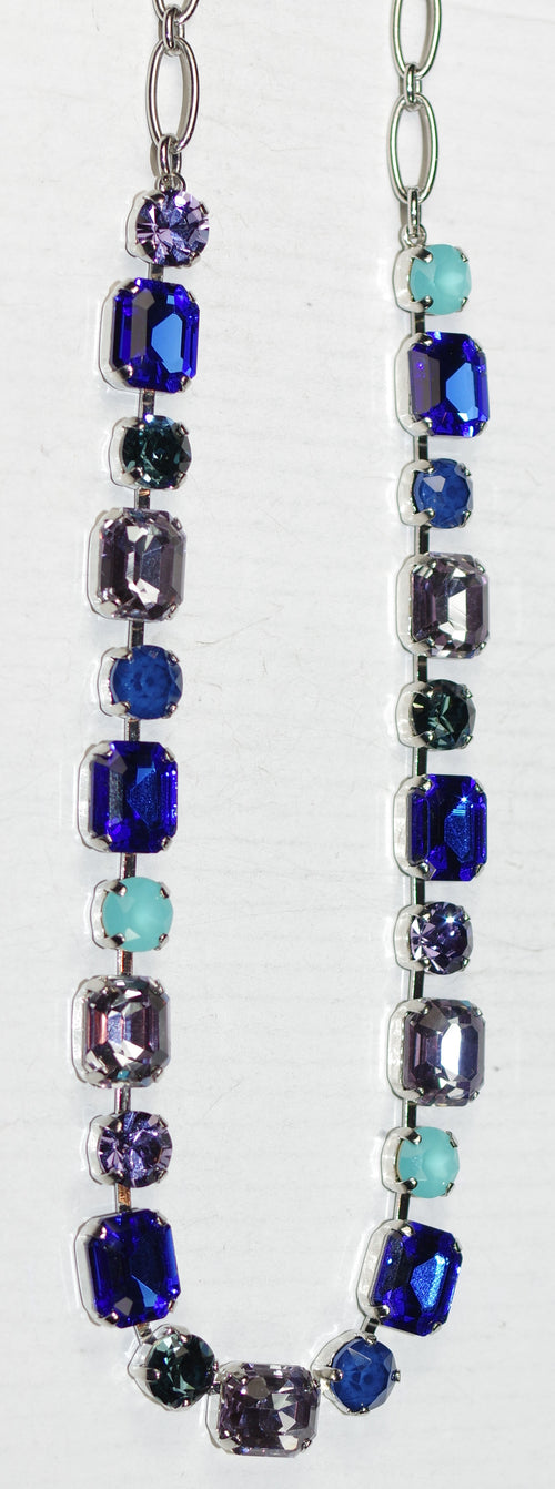 MARIANA NECKLACE ELECTRIC BLUE: blue, teal, lavender stones in silver rhodium setting, 17" adjustable chain