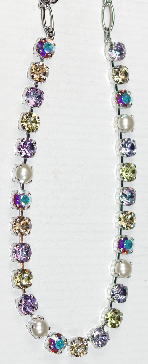 MARIANA NECKLACE DAWN BETTE: lavender, pearl, yellow, a/b, amber stones in silver rhodium setting, 18" adjustable chain