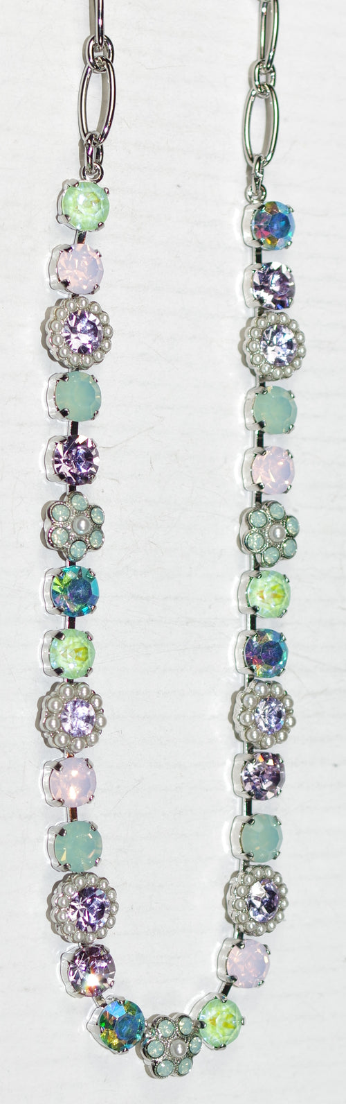 MARIANA NECKLACE BLOOM: pacific opal, lavender, pink, blue a/b, pearl stones in silver rhodium setting, 17" adjustable chain