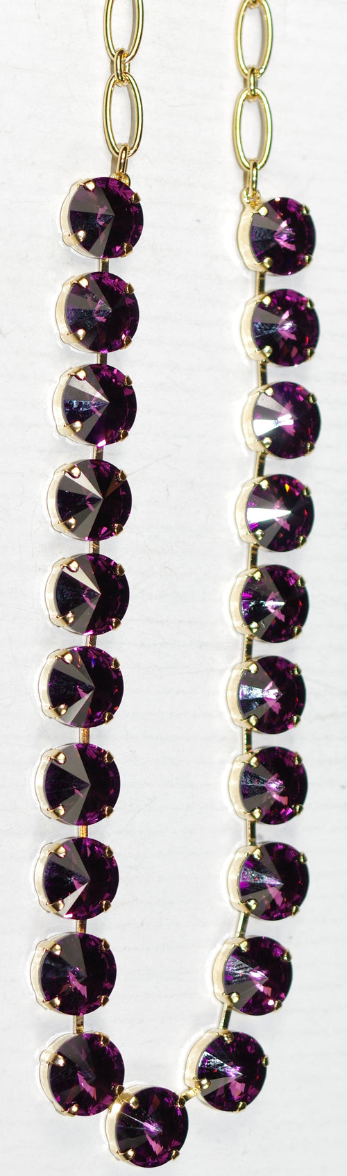 MARIANA NECKLACE: purple 1/2" stones in yellow gold setting, 18" adjustable chain
