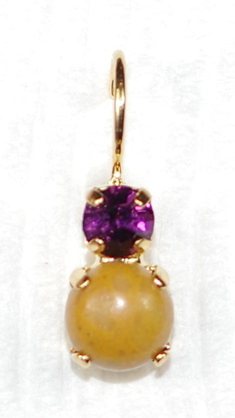 MARIANA EARRINGS SUNRISE: amber mineral, purple stones in 1/2" yellow gold setting, lever back