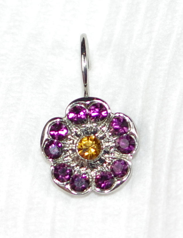 MARIANA EARRINGS SUNRISE: purple, amber stones in 1/2" silver rhodium setting, lever back