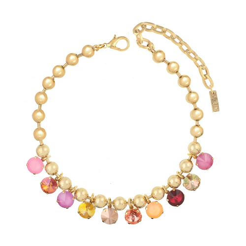 TOVA NECKLACE ANYA PEACH MIX: multi color Swarovski crystals in antique gold plated setting, 14" with 3" extension