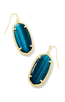 KENDRA SCOTT EARRINGS ELLE DROP GOLD TEAL TIGER'S EYE