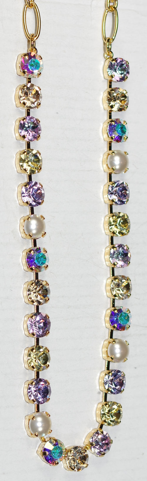 MARIANA NECKLACE BETTE DAWN: purple, pearl, yellow, a/b 1/4" stones in yellow gold setting, 17" adjustable chain