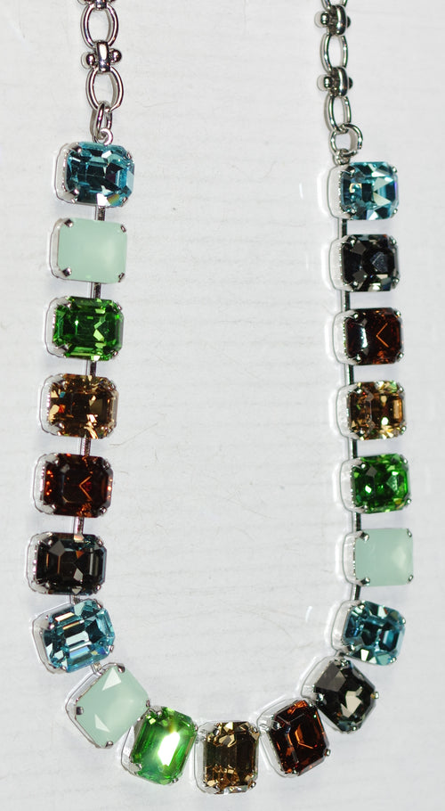 MARIANA NECKLACE FORGET ME NOT: green, blue, amber, brown stones, 18" adjustable silver rhodium chain