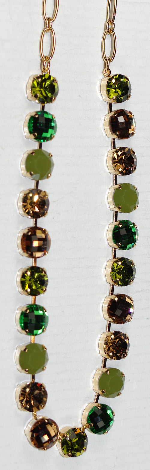 MARIANA NECKLACE EVERGREEN: green, amber stones in yellow gold setting, 18" adjustable chain