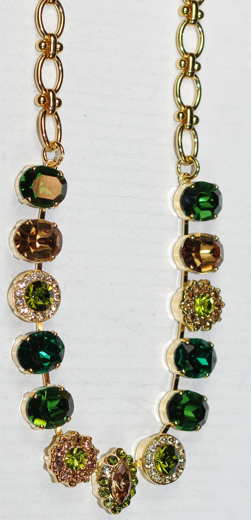 MARIANA NECKLACE EVERGREEN: green, amber brown stones in yellow gold setting, 21" adjustable chain