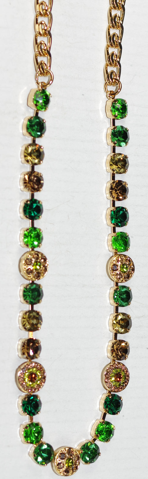 MARIANA NECKLACE EVERGREEN: green, brown, amber stones in yellow gold setting, 18" adjustable chain