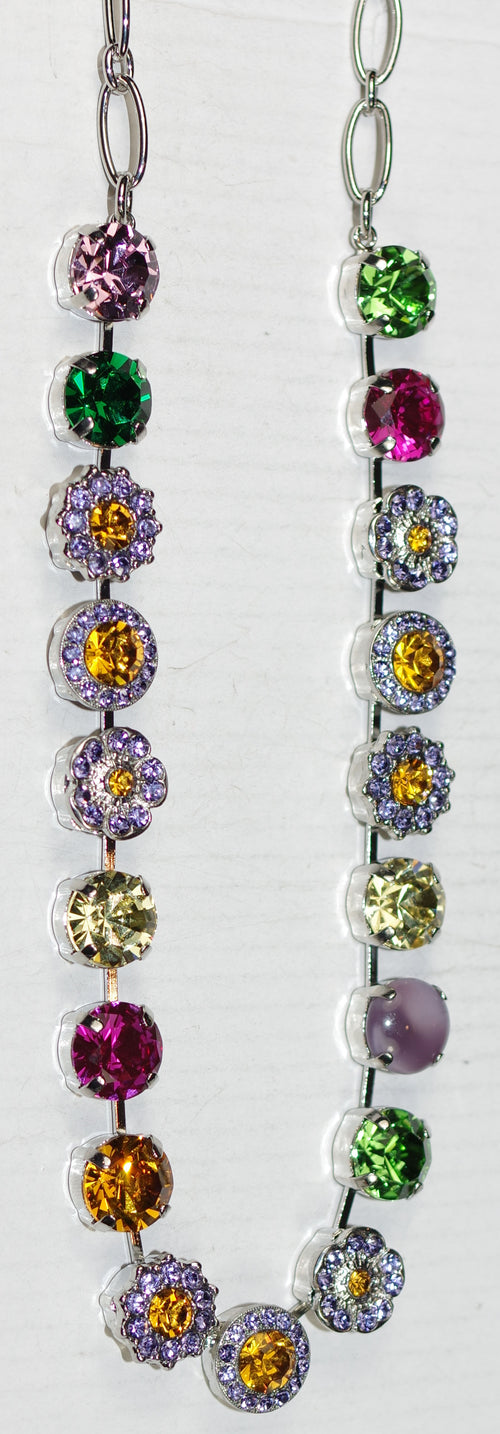 MARIANA NECKLACE FESTIVAL: purple, yellow, pink, green, stones in silver rhodium setting, 18" adjustable chain