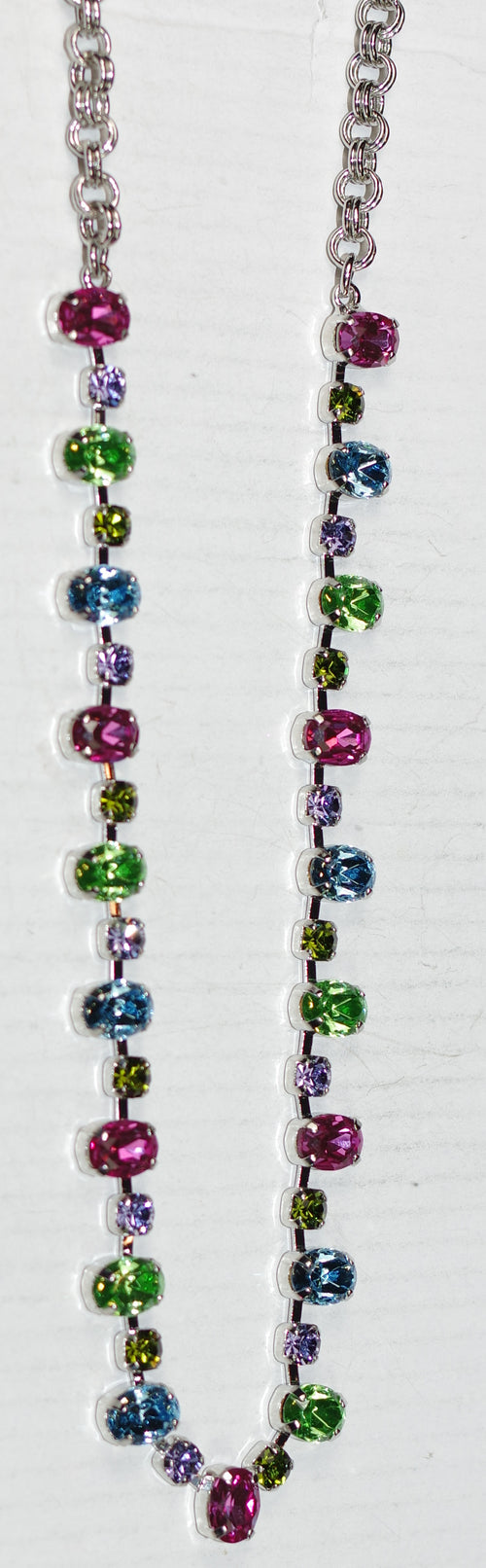 MARIANA NECKLACE FESTIVAL: green, pink, purple, blue stones in silver rhodium setting, 18" adjustable chain