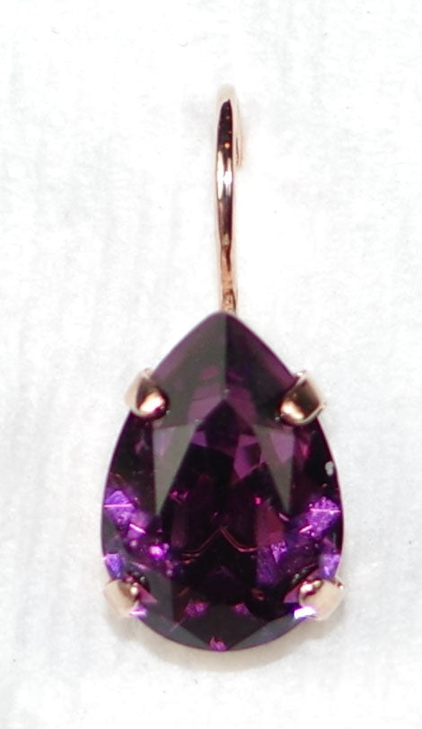 MARIANA EARRINGS: purple pear shape stone in 1/2" rose gold setting, lever backs