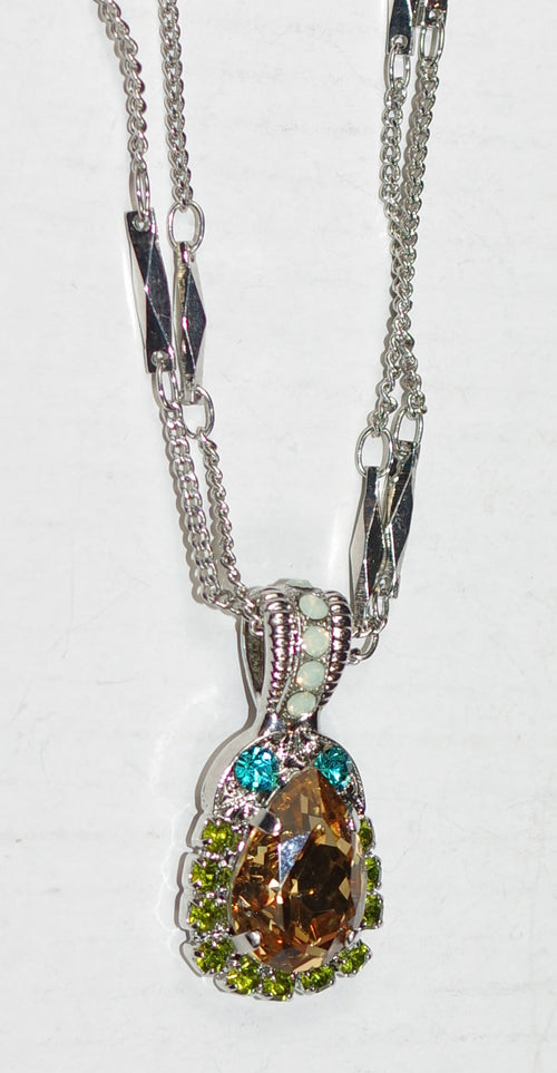 MARIANA PENDANT EVERGREEN: amber, green, teal stones in 1" pendant, 18" double silver rhodium adjustable chain