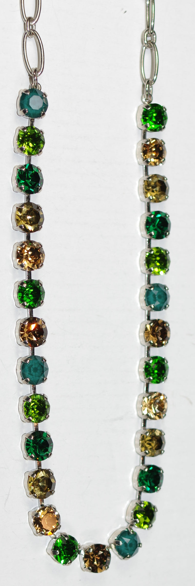 MARIANA NECKLACE BETTE EVERGREEN: amber, green, brown 1/4" stones in silver rhodium setting, 17" adjustable chain