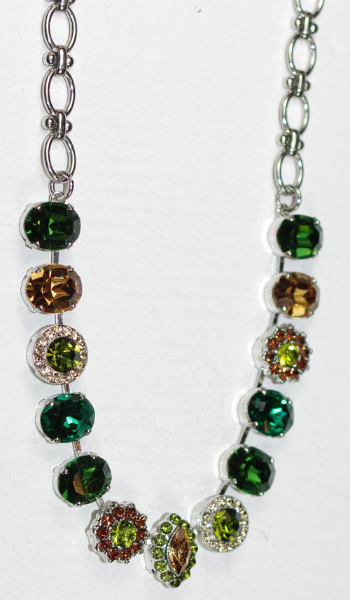 MARIANA NECKLACE EVERGREEN: green, amber, brown, teal stones in silver rhodium setting, 21" adjustable chain