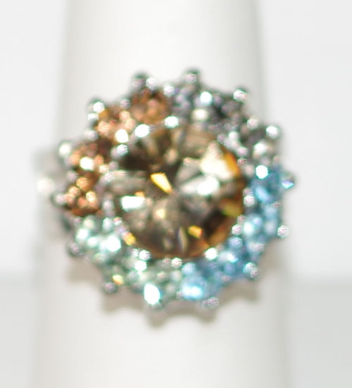 MARIANA RING FORGET ME NOT: blue, amber, green stones in 3/4" silver rhodium setting, adjustable size band