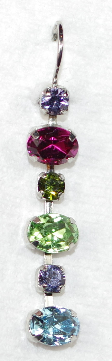 MARIANA EARRINGS FESTIVAL: blue, purple, pink, green stones in 1.5" silver rhodium setting, lever back