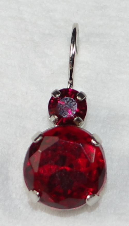 MARIANA EARRINGS: large red stone, small red stone in 1/2" silver rhodium setting