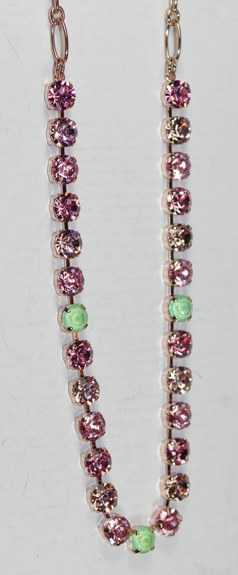 MARIANA NECKLACE BETTE PARASOL: pink, green 1/4" stones in rose gold setting, 17" adjustable chain