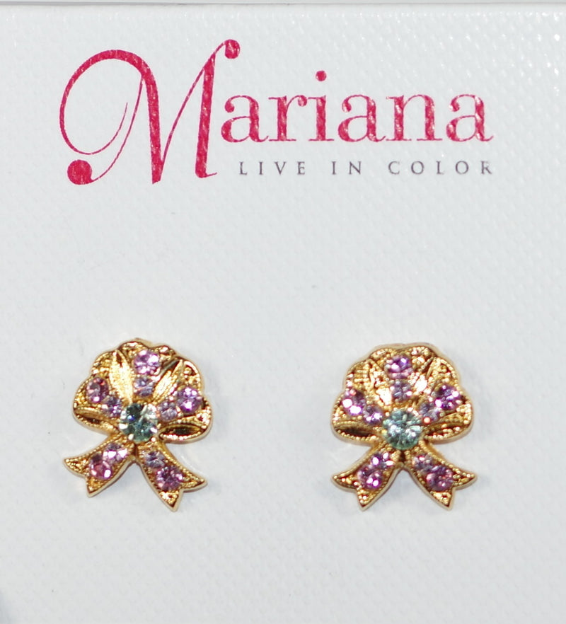 MARIANA EARRINGS PARASOL: pink, green stones in 1/2" yellow gold setting, post backs