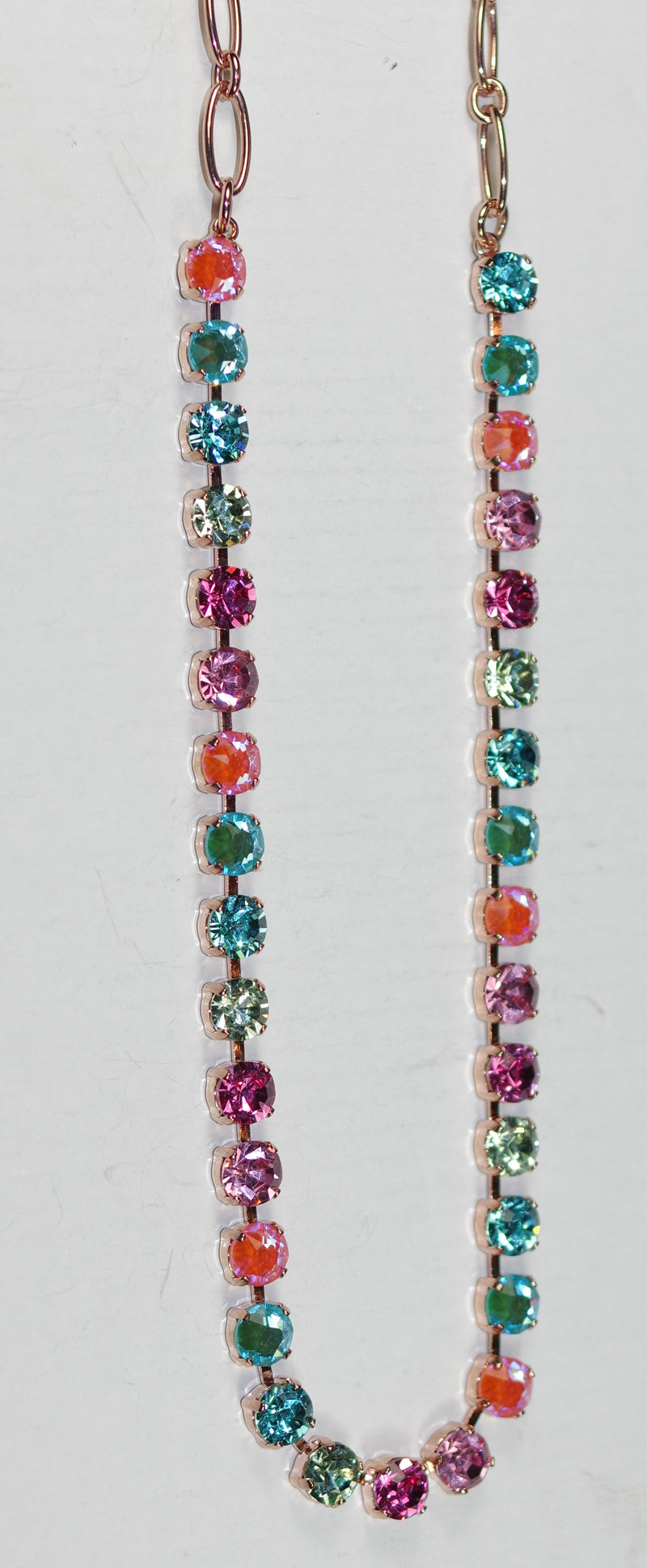 MARIANA NECKLACE CORAL COVE: teal, green, pink, coral 1/4" stones in rose gold setting, 18" adjustable chain
