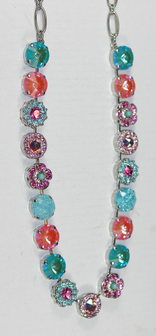 MARIANA NECKLACE CORAL COVE: coral, teal ice, pink, fuschia, turquoise 10 mm stones in silver rhodium setting, 18" adjustable chain