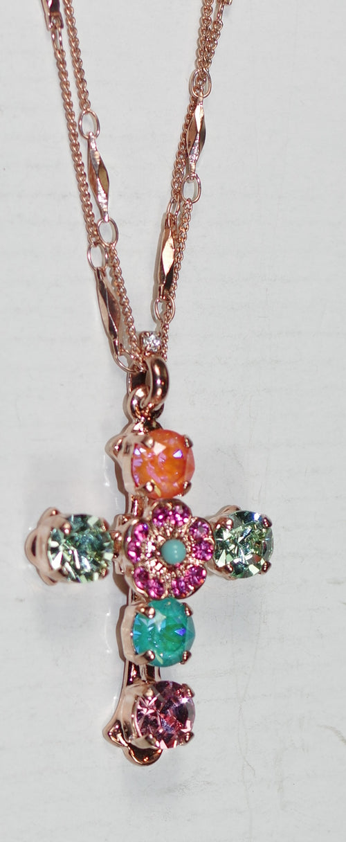 MARIANA CROSS PENDANT CORAL COVE: fucshia, green, coral, teal, pink stones in rose gold setting, 18" double chain